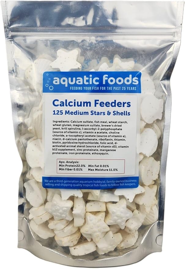 Medium Size Calcium Feeder Stars & Shells for Shrimp, Snails, Crabs, Crayfish, Hermit Crabs and All Tropical Fish…125 Count Bag