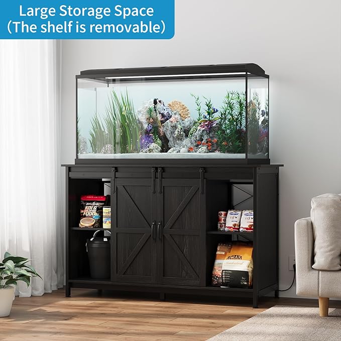 VOWNER Farmhouse 55-75 Gallon Fish Tank Stand with Power Outlet, Aquarium Stand with Storage Cabinet and Sliding Barn Door, Heavy Duty Reptile Tank Stand, for 2 Tanks, 1000LBS Capacity, Black