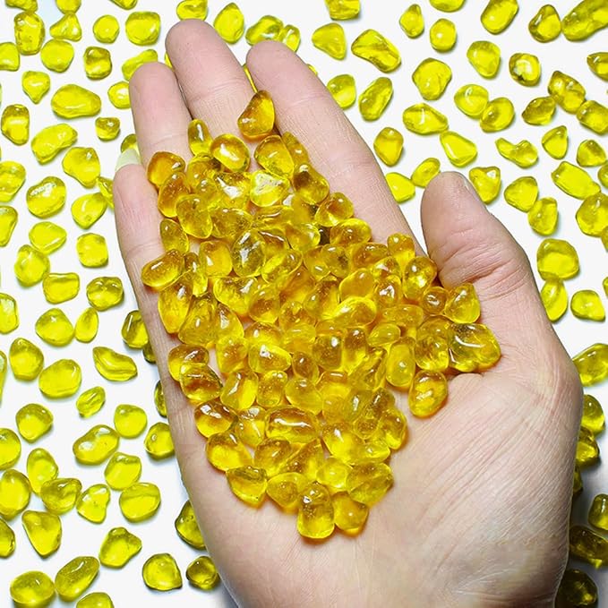 Glass Stones, 1Lb/460g Irregular Sea Glass Pebbles Non-Toxic Artificial Gemstones for Vase Filler/Terrarium Flowerpot Aquarium Turtle Tank Decoration/Handcraft Making, Yellow