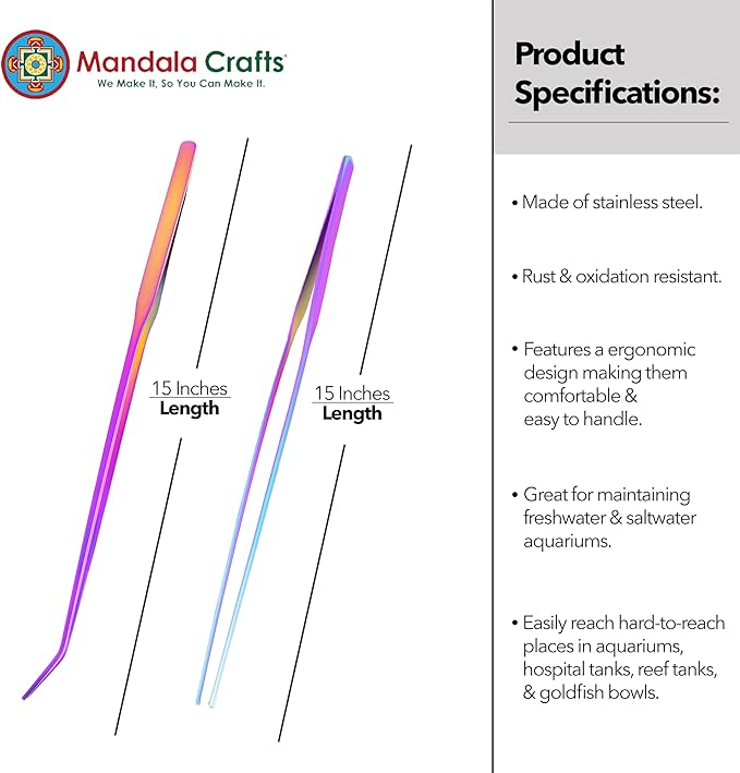 Mandala Crafts 15 Inches Rainbow Stainless Steel Straight and Curved Aquarium Tweezers for Aquatic Plants – Long Aquascape Forceps for Fish Tanks, Hospital Tanks, Goldfish Bowls, and Terrariums