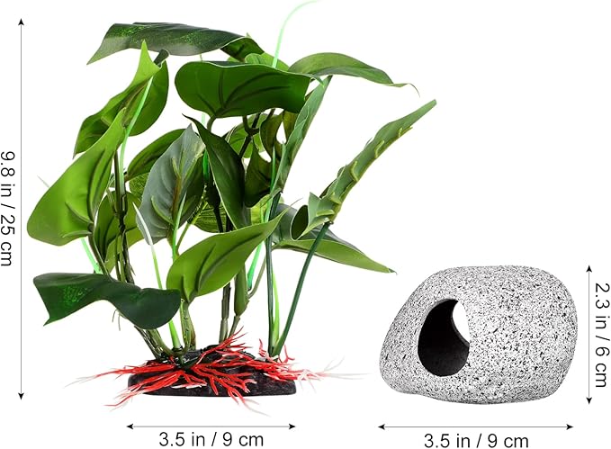 Cichlid Caves for Aquarium - Hideaway Rock Cave with Fish Tank Plants for Betta Shrimp Cichlid Hiding Breeding, Underwater Plastic Plant Aquatic Decor