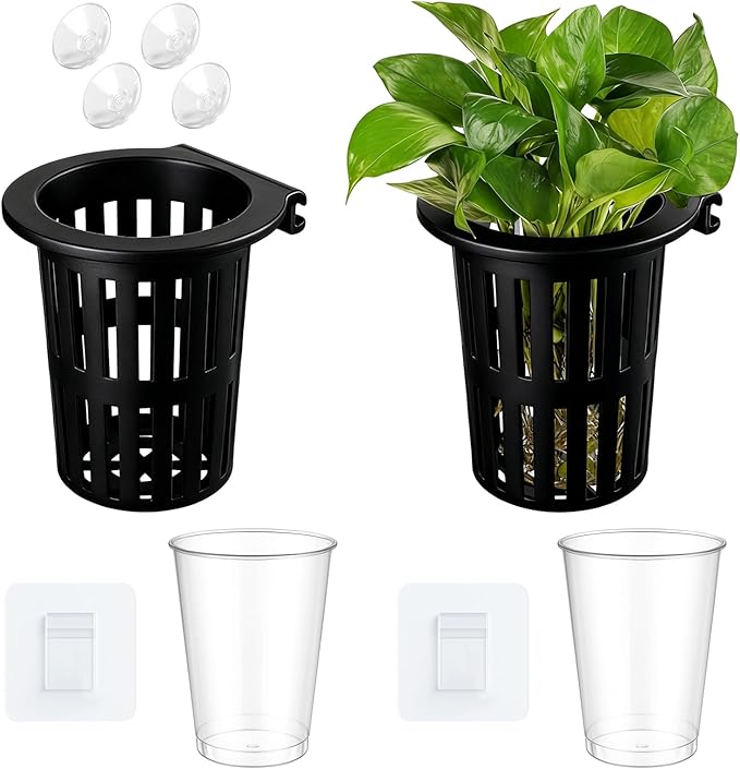 Novabright 2 Pack New Upgraded Large Aquarium Plant Holder with Hydroponic Cup 3.37 Inch Sick Hook and Suction Cup for Fish Tank Aquaponic Plant Cultivation and Aquascape Accessories Decoration(Black)