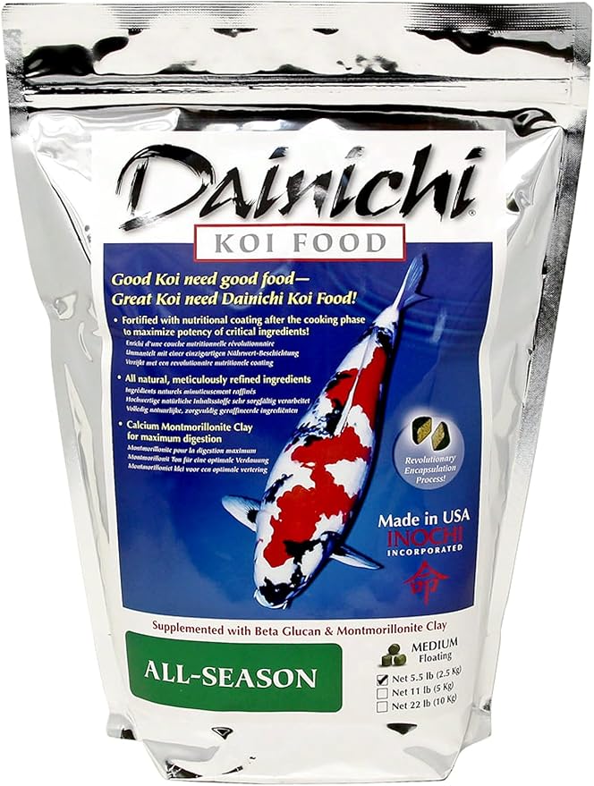 Dainichi Koi Fish Food, All-Season 5.5 lb Bag – Medium Floating Pellets (5.5 mm) for Koi, Goldfish and Pond Fish – Cold-Weather and Winter Formula – Easily Digestible Wheat Germ Formula