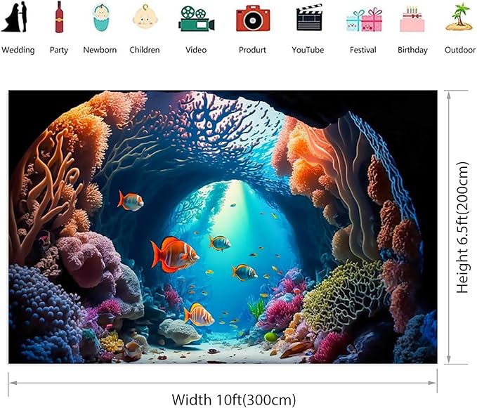 Renaiss 10x6.5ft Aquarium Backdrop Fabric Blue Underwater World Coral Reef Tropical Fish Photo Background Kids Adults Game Events Ocean Theme Birthday Party Decorations Portrait Photo Booth Prop