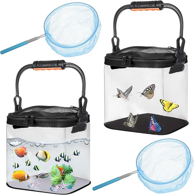 2 Sets Catch Plastic Beach Aquarium Kit, Release Aquarium Box for Beach with Retractable Net Bag and Transparent Portable Handheld（Black）
