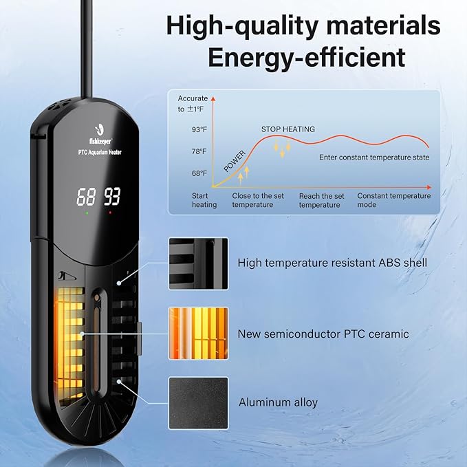 fishkeeper Aquarium Heater, 500W Submersible Fish Tank Heater with Induction Heating (IH) Systems and Temperature Controller for Freshwater Saltwater, LED Display, Explosion (No Glass) for 90-130 Gal