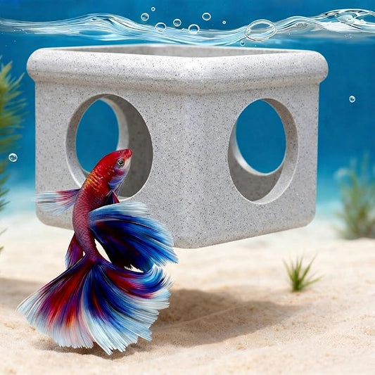 CPLIKE Marble Floating Betta Fish Hideout with Viewing Window & Round Holes – Floating Cave Hammock, Feeding Platform & Rest Tunnel – Betta Fish Shelter for Nano Tanks, Bowls & Small Aquariums