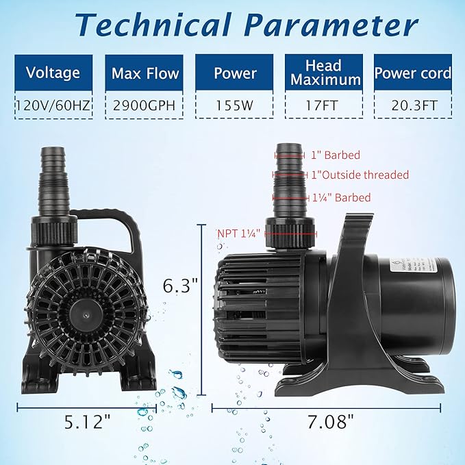 WaterRebirth (2900GPH-155W,UL listed) High Flow Large Fountain Submersible Water Pond Sump Pump Aquarium Electric Waterfall Pump Outdoor PS- 2900