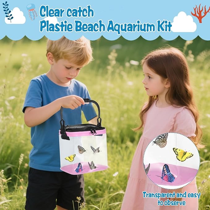 2 Sets Catch Plastic Beach Aquarium Kit, Release Aquarium Box for Beach with Retractable Net Bag and Transparent Portable Handheld（Pink）