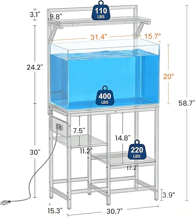 20-29 Gallon Fish Tank Stand, Aquarium Stand with Power Outlet, Heavy-Duty Reptile Terrarium Stand Table with Top Shelf and 4-Tier Adjustable Storage Shelves, 30.7" L x 15.3" W x 30" H(Black)