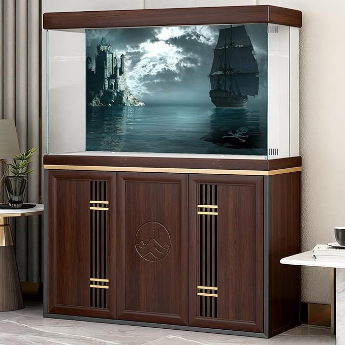 Pirate Ship Aquarium Background Night Gothic Castle Scenery Fish Tank Background Cloudy Vintage Black Pirate Ship Futuristic Ocean Night Landscape Terrarium Backgrounds for Home Tank Decors 72x16in