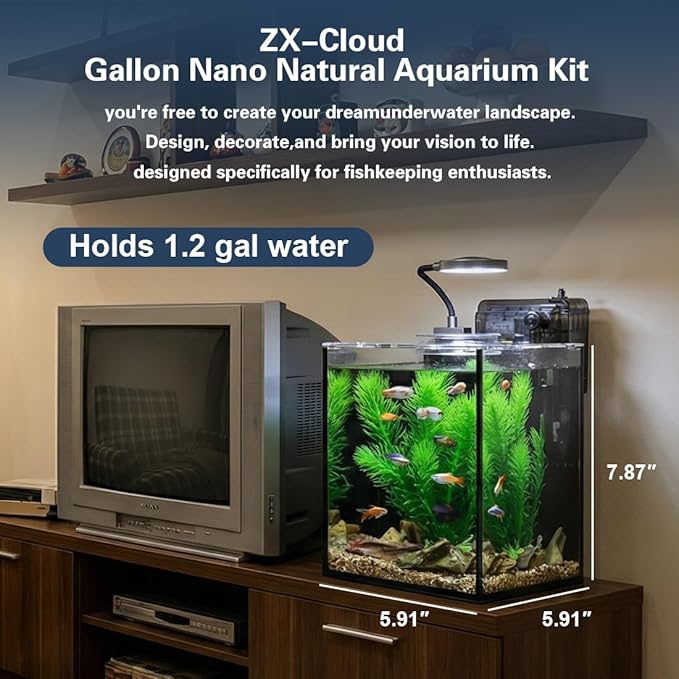 Fish Tank Kit,1.2 Gallon Small Aquarium,Ultra-Clear Nano Aquarium,Betta Fish Tank,Small Fish Tank,Aquarium Starter kit with Light,Filter,Pine Skin Stone,Sand and Artificial Plants