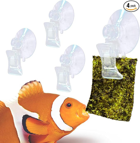 JOR 4 Pack Fishes Veggie Kelp Plant Suction Cup Clips for Aquariums, 2” x 1”, Feeding Tool, Aquarium Accessory for Fish Tank, Round Feed Holder Clamp, Automatic Fish Feeder, Includes Plastic Spring