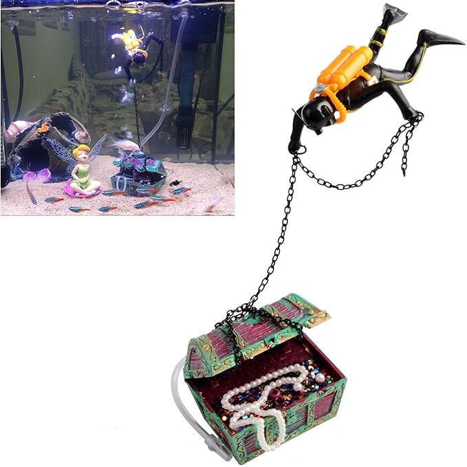 Action Aquarium Ornament, Undersea Treasure Chest Diver, Live-Action Aerating Fish Tank Decorations Resin