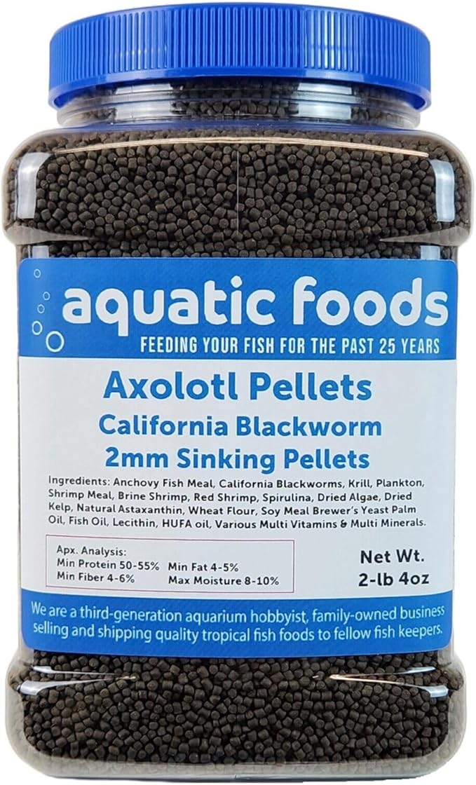 Axolotl Blackworm Pellets. 2mm-1/16 Sinking California Blackworm Small Pellets for Small Axolotl, Frogs, Shrimp, Salamanders, Newts, Snails…2-lbs 4oz Jar
