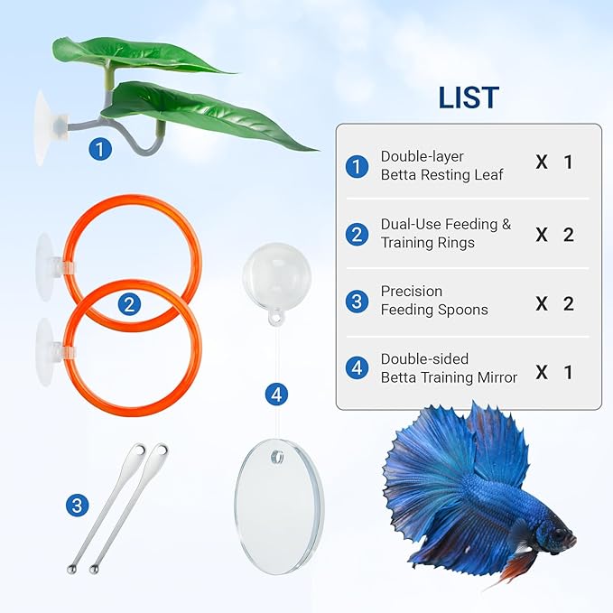 Betta Fish Toy Set: Betta Training Floating Mirror, Training/Feeding Ring, Spoon, and Resting Leaf. Promotes Exercise. Betta Toys, Resting & Feeding Kit, Orange