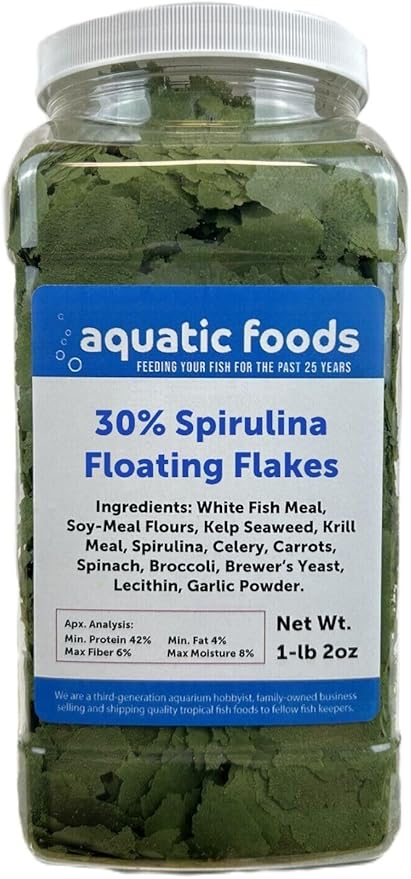 30% Spirulina Premium Flakes for African Cichlids, All Central and South American Cichlids, Koi, Pond Fish, All Community Tropical Fish...WL 1-lb 2oz Lg Jar