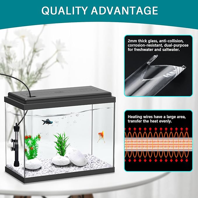 hygger ETL Certification Aquarium Heater, 50W/100W/200W/300W Submersible Fish Tank Thermostat Heater with Firm Double Pair Suction Cups for Coral Saltwater and Freshwater Tank with Thermometer (200W)