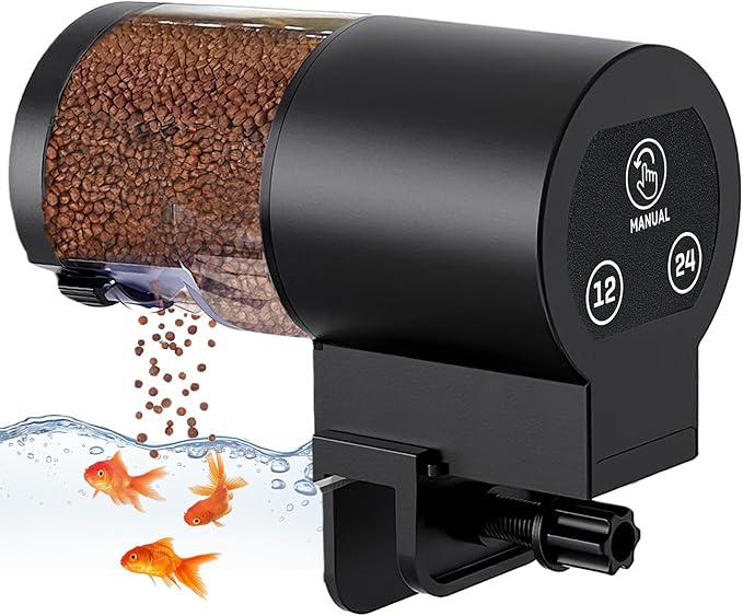 Automatic Fish Feeder for Aquarium, Helps Keep Fish Fed While You’re Away, Large 100ml Capacity with Adjustable Feeding Timer, Battery Operated Auto Feeder for Flakes and Pellets (Black)