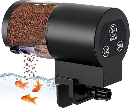 Automatic Fish Feeder for Aquarium, Helps Keep Fish Fed While You’re Away, Large 100ml Capacity with Adjustable Feeding Timer, Battery Operated Auto Feeder for Flakes and Pellets (Black)