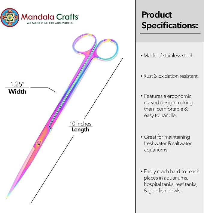 Mandala Crafts 10 Inches Rainbow Stainless Steel Straight Aquarium Scissors for Trimming Aquatic Plants – Long Aquascape Scissors for Fish Tanks, Hospital Tanks, Goldfish Bowls, and Terrariums