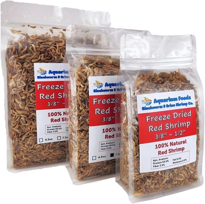 Red Shrimp, 3/8" to 1/2" Floating Freeze Dried Red Shrimp for All Tropical Fish, Cichlids, Medium Size Catfish, Marines, Pond Fish, Turtles, Hamsters, Reptiles…7.3oz Clear Bag