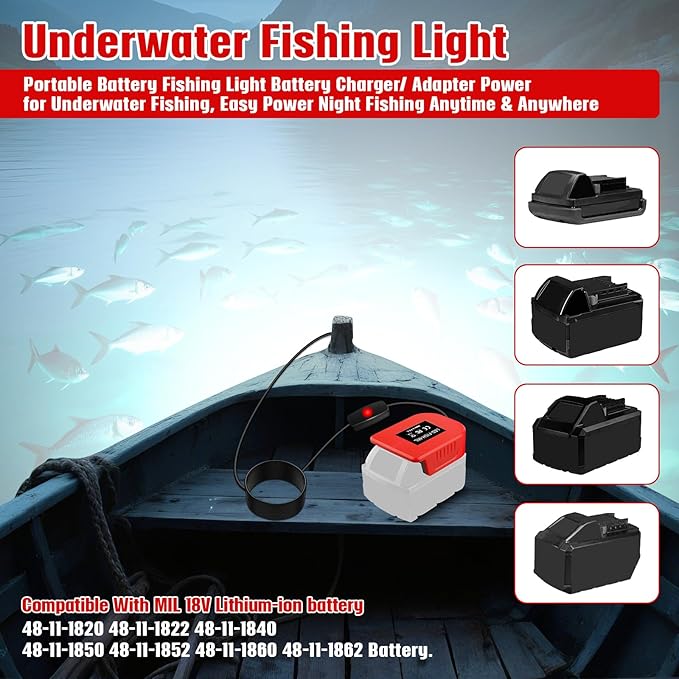 Underwater Fishing Light Compatible with Milwaukee M18 Battery 1300 Lumens IP68 Waterproof Submersible LED Fish Attractant Light for Night Fishing Dock Boat Kayak (Battery Not Included)