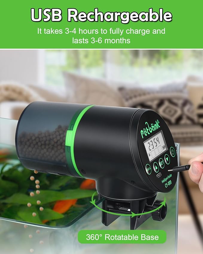 Automatic Fish Feeder - Rechargeable Timer Fish Feeder with USB Charger Cable, Fish Food Dispenser for Aquarium or Fish Tank