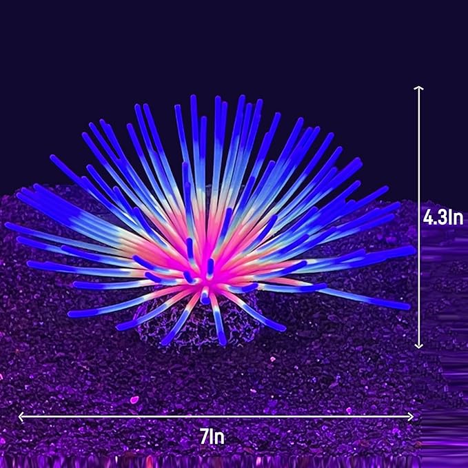 Fluorescent Rainbow Sea Urchin Aquarium Decor - Glows Under Blue Light, Weighted Silicone Ornament for Fish Tank with Swaying Spines, Saltwater & Freshwater, Vibrant Aquascape Centerpiece (Blue)