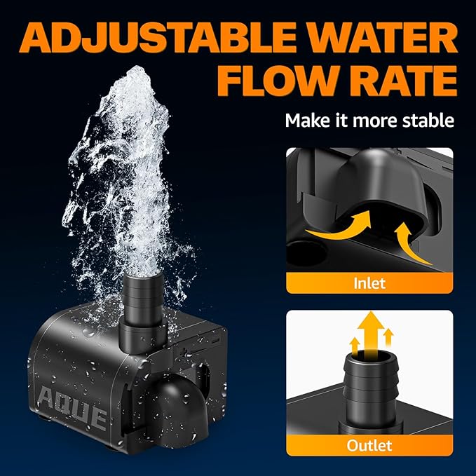 Submersible fountain pump, an ultra-quiet water pump with a filter screen. 85GPH,120V 60HZ, features a detachable design, and is suitable for fish tanks, aquariums, hydroponic systems, and fountains.