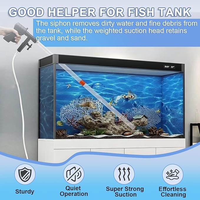 Fish Tank Cleaner Kit with Digital Thermometer, Gravel Vacuum for Aquarium, Aquarium Vacuum & Siphon, Fish Tank Cleaning Kit, Safe for Shrimp & Small Fish