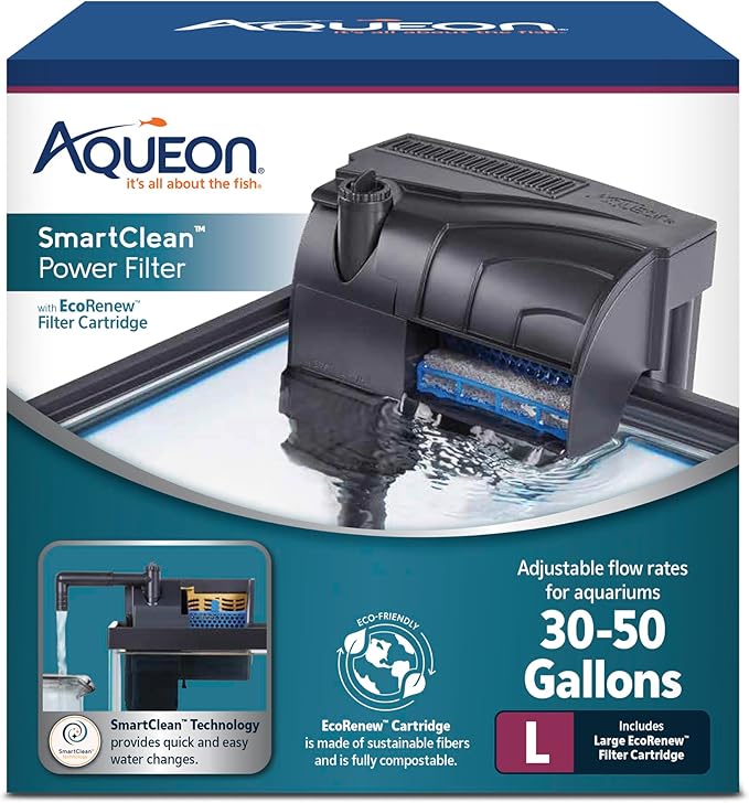 Aqueon SmartClean Power Filter with EcoRenew Filter Cartridge, Quick and Easy Water Changes, Quiet Operation, Adjustable Flow, for 30-50 Gallon Freshwater and Saltwater Aquariums, Large