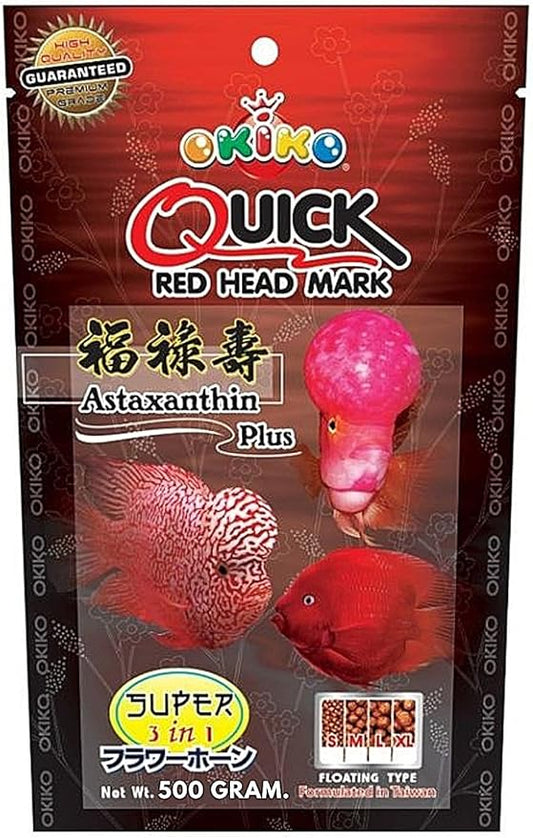 OKIKO Flowerhorn Fish Food Floating Pellets Small 1 MM Head Up Quickly Huncher Formula High Protein Tropical Fish Feed Astaxanthin Plus Color Enhancing Healthy Fast Growth (17.63 oz - Red)