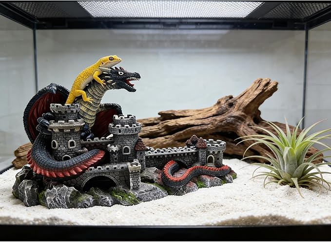 Dragon Castle Aquarium Ornament, Resin Large Fish Tank Decoration with Hiding Caves for Betta, Tropical Fish & Reptiles, Medieval Fantasy Underwater Landscape Decor-10.6 inches in Length