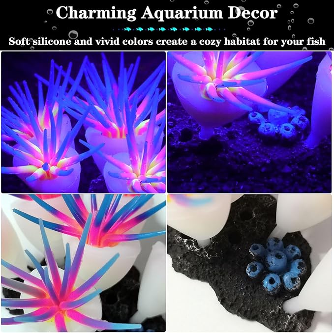 Silicone Glowing Effect Aquarium Fish Tank Decorations, Artificial Soft Anemone Coral Plants Ornaments for Aquarium Decor Landscape, Glow in Dark Fish Tank Accessories Decorations(Blue)