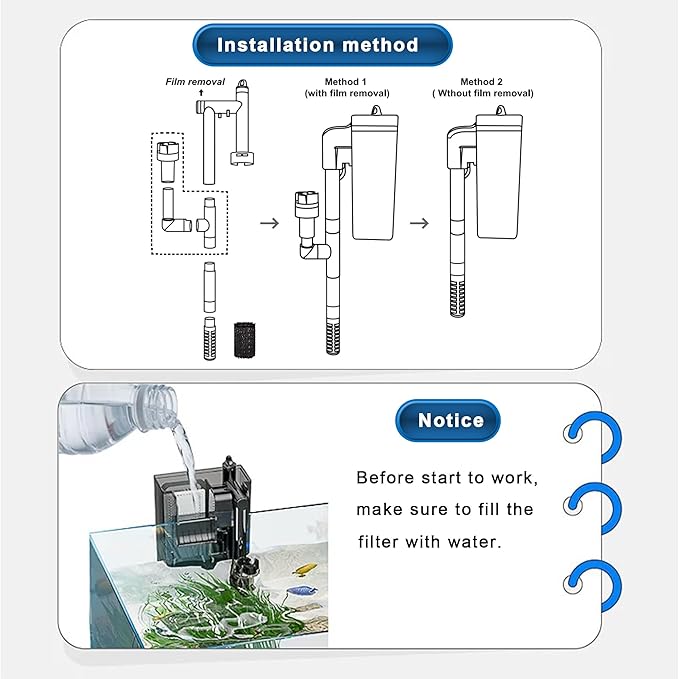 Aquarium Filter, Quiet Fish Tank HOB Filters for up to 5 Gallon Aquariums, 300L/H Adjustable Flow, with Filter Media