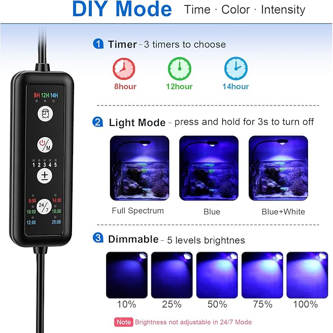 hygger 20W Nano Saltwater Light for 5-15 Gallon Tanks, Dimmable Reef LED with 24/7 Auto Cycle, 3 Modes & Timer for Soft Corals