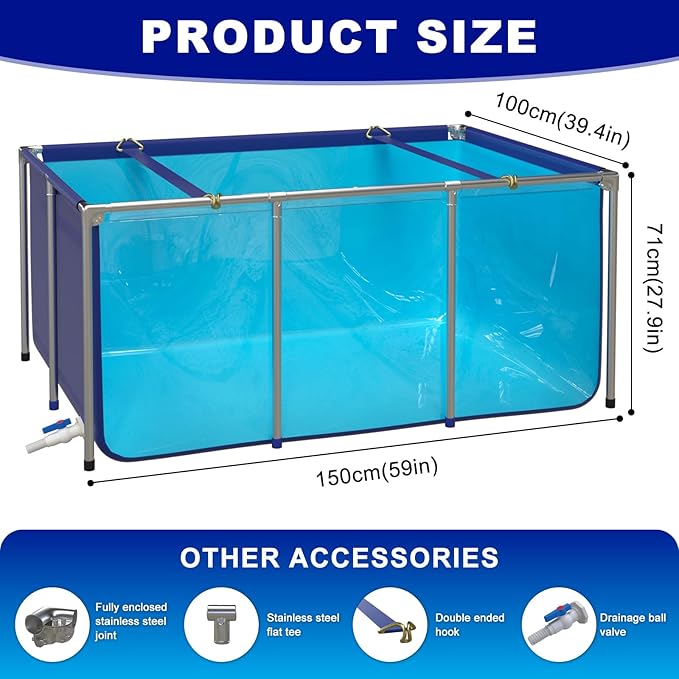 Fish Tank with Clear Panel, Canvas Goldfish Pond with Steel Frame, Transparent Aquarium Tank with Drain Valve for Fish Breeding and Display, Foldable Water Storage (59X39X28in)