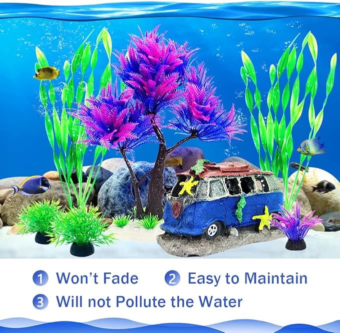 6PCS Fish Tank Aquarium Decorations Plastic Plants with Resin Cave Rock for Fish Hideout (Purple Set)