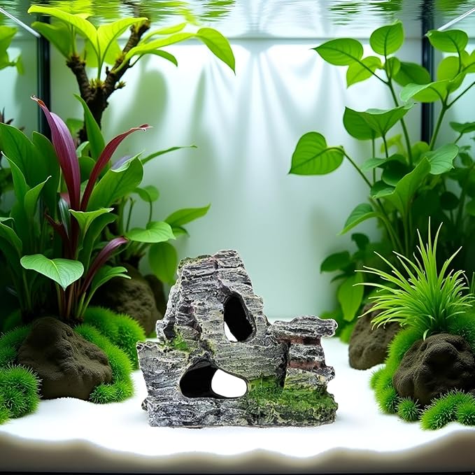 Artificial Moss Rock Aquarium Stone Cave – Resin Fish Tank Decor for Hiding and Landscaping, Small Mountain Terrain Ornament, Natural-Looking Habitat for Fish, Shrimp, and Reptiles, Decoration