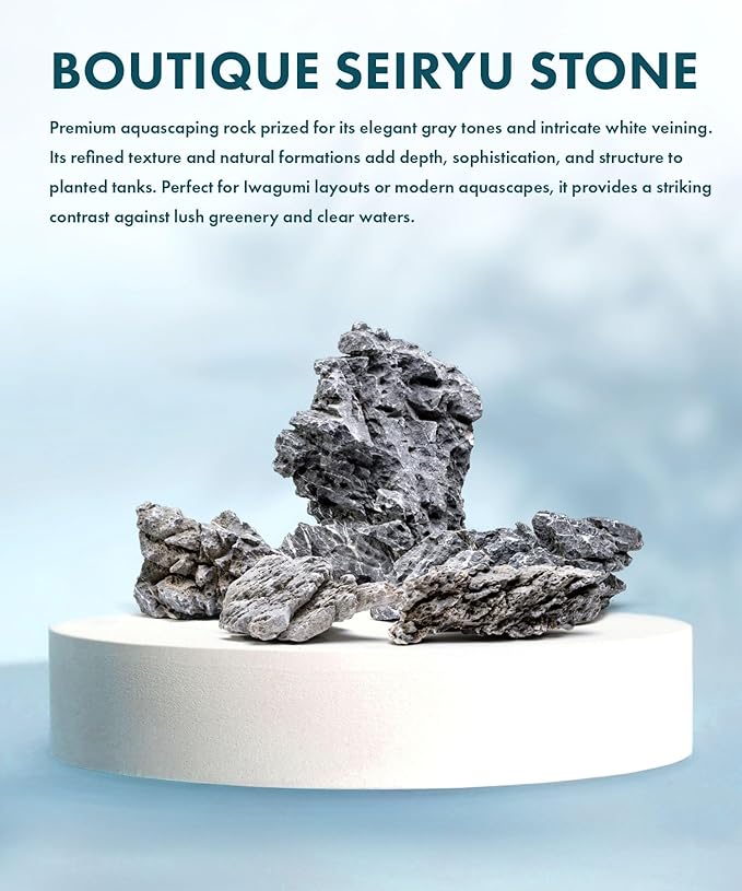 SubstrateSource Natural Aquarium Stones - Soft Grey to Bluish-Grey w/Subtle White Veins - Iwagumi Aquascaping Rocks, Freshwater Tanks, Betta Fish Tank, Shrimp, Cichlids - Boutique Seiryu, 10 LB