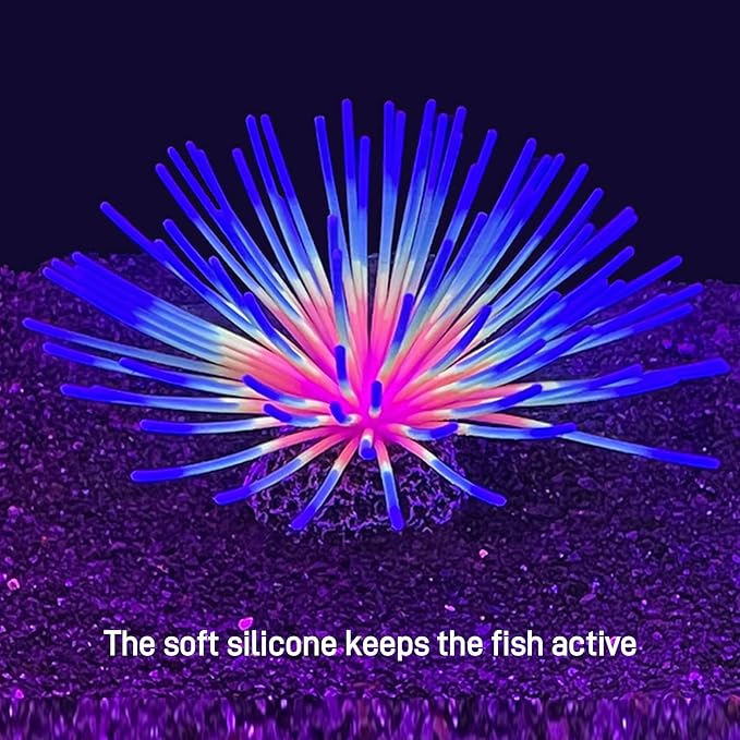 Fluorescent Rainbow Sea Urchin Aquarium Decor - Glows Under Blue Light, Weighted Silicone Ornament for Fish Tank with Swaying Spines, Saltwater & Freshwater, Vibrant Aquascape Centerpiece (Blue)