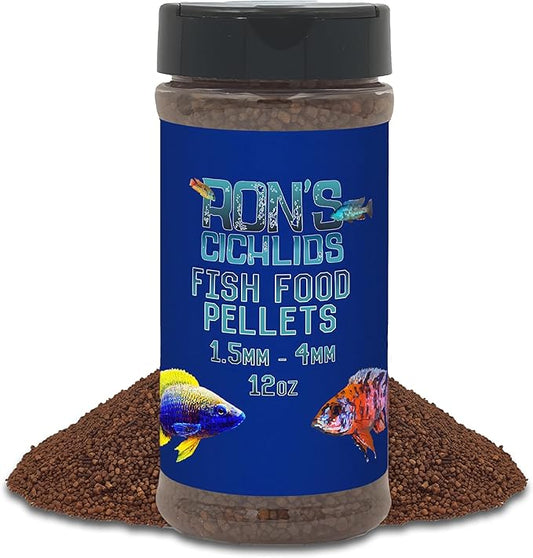 RON'S CICHLIDS Adult African Cichlid Fish Food Pellets – USA Made Slow Sinking Cichlid Pellets & Sticks Feed, Low Fillers, Ideal for Cichlid Food, Koi, Goldfish, Pleco, Oscar & Tropical Fish, 12 OZ