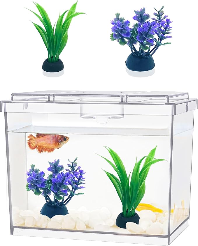 MoonOrange Mini Betta Fish Tank, Small Fish Bowl for Temporary Space, 0.2 Gallon Stackable Cube Tank with Artificial Plants and Gravels for Small Fish, Insect, Shrimp, Crab, Spider. (Pack-1)