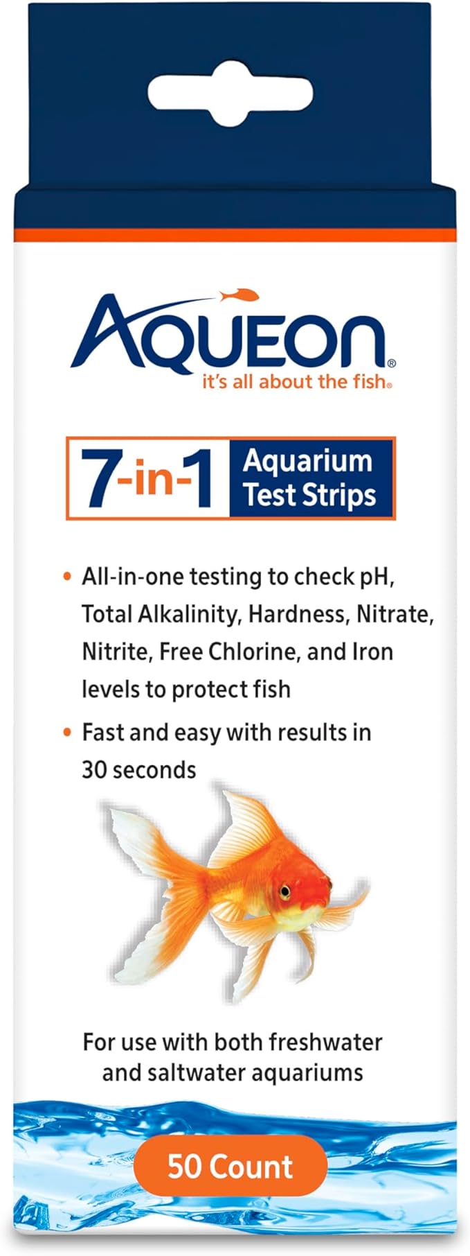 Aqueon 7-in-1 Aquarium Test Strips, Fast Results for pH, Total Alkalinity, Hardness, Nitrate, Nitrite, Free Chlorine and Iron Levels, for Freshwater and Saltwater, 50 Count