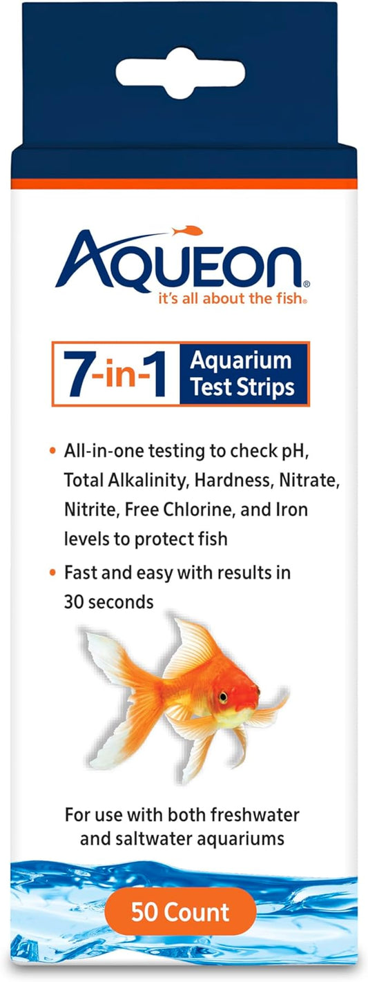 Aqueon 7-in-1 Aquarium Test Strips, Fast Results for pH, Total Alkalinity, Hardness, Nitrate, Nitrite, Free Chlorine and Iron Levels, for Freshwater and Saltwater, 50 Count