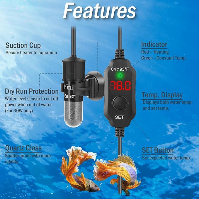 20W Mini Aquarium Heater for 2-4 Gallon Tanks | Submersible Fish Tank Heater with Digital Thermostat, Dry-Run & Overheat Protection, Memory Function