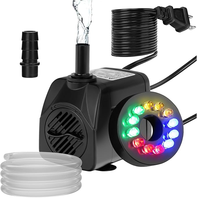 DaToo Mini Submersible Fountain Water Pump With LED Light 160GPH 10W Small Ultra Quiet Water Pump With Tubing For Aquarium Fish Tank Outdoor Pond Water Feature Fountain Statuary