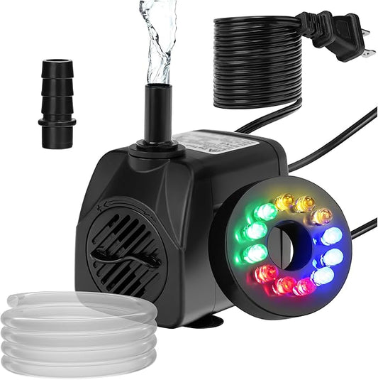 DaToo Mini Submersible Fountain Water Pump With LED Light 160GPH 10W Small Ultra Quiet Water Pump With Tubing For Aquarium Fish Tank Outdoor Pond Water Feature Fountain Statuary