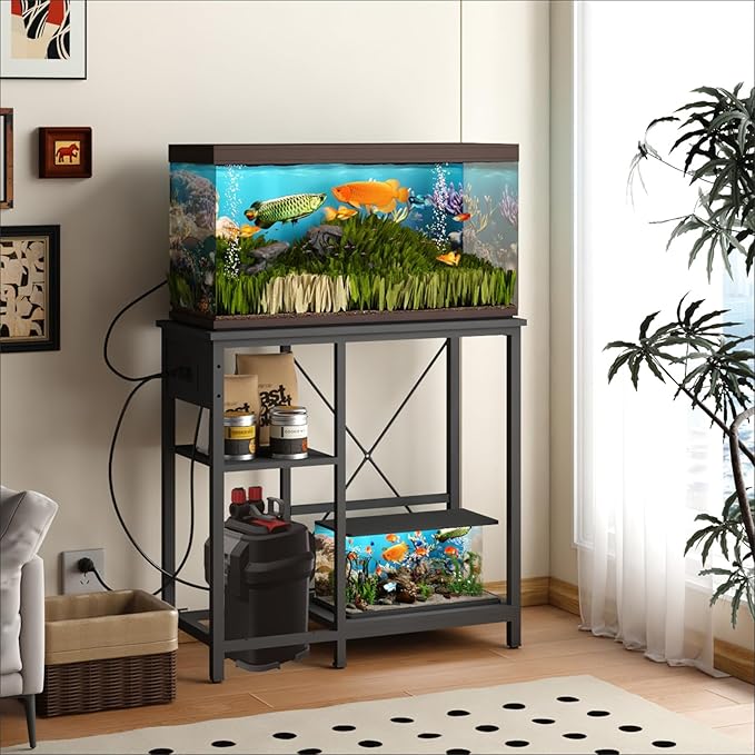 BEURUKU 20-29 Gallon Fish Tank Stand with Power Outlet & LED Light, Metal Aquarium Stand with 3 Tier Adjustable Storage Shelves, Tank Stand for Reptile Tank, Turtle Tank, 30.7" L*13.8" W, Black